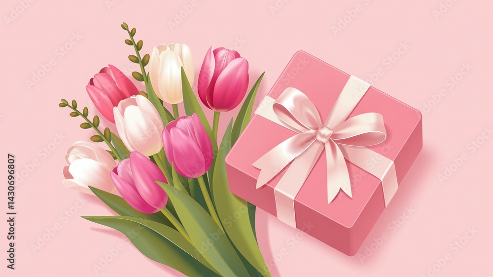 Pink Tulips Bouquet with a Pink Gift Box Spring Flowers Present Pink Tulips Bouquet with a Pink Gift Box Spring Flowers Present