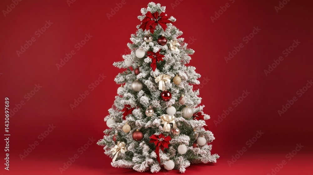 Festive Christmas tree adorned with ornaments, bows, and snow Festive Christmas tree adorned with ornaments, bows, and snow