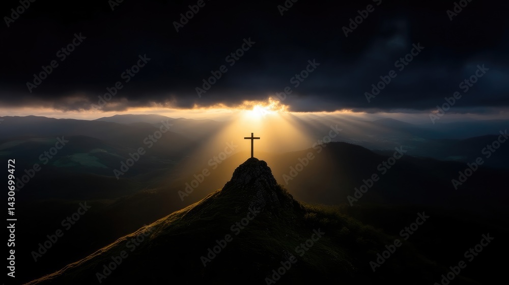 A cross atop a mountain peak, bathed in golden sunlight, piercing dark clouds A cross atop a mountain peak, bathed in golden sunlight, piercing dark clouds