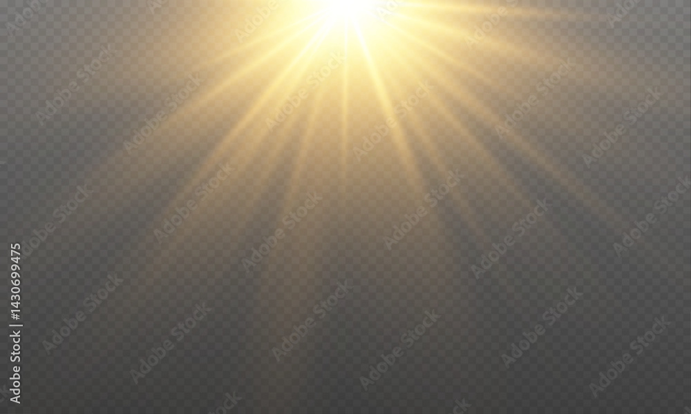Golden shining light effect.Bright sun sparkles with stars and sparkles Golden shining light effect.Bright sun sparkles with stars and sparkles