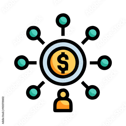 Dollar Coin surrounded by Nodes with Person Below