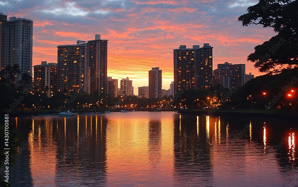 Fototapeta premium A city skyline at dusk with a reflecting lake and vibrant sky