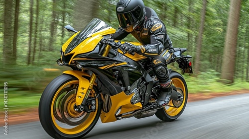 Fast motorcyclist riding powerful yellow sportbike on scenic road photo