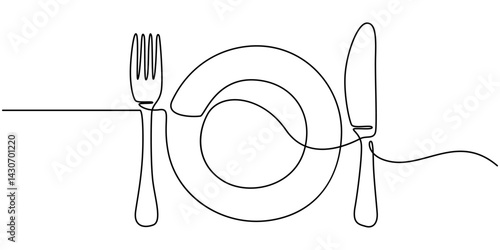 One continuous line plate, khife and fork. Vector illustration, Continuous line art or One Line Drawing of plate, khife and fork. linear style and Hand drawn Vector illustrations, Line Drawing Plate.
