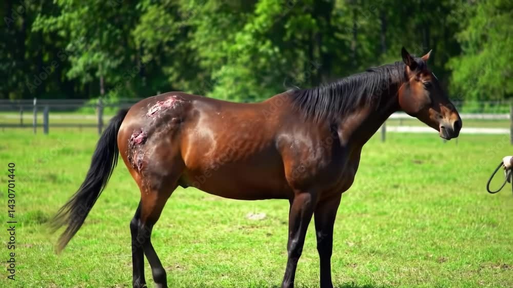 Horse walking gracefully through a green pasture on a sunny day Horse walking gracefully through a green pasture on a sunny day