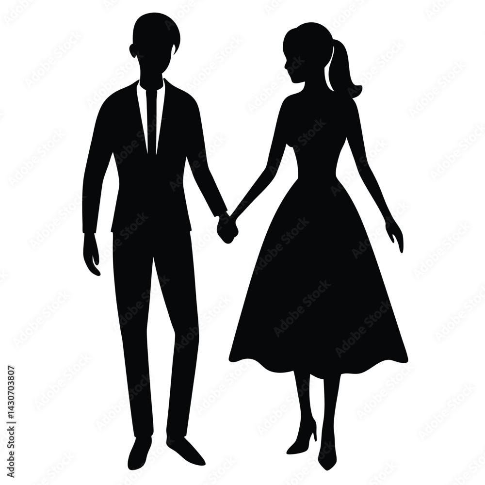 Fototapeta premium Elegant Wedding Couple Holding Hands Silhouette Illustration Isolated On White.