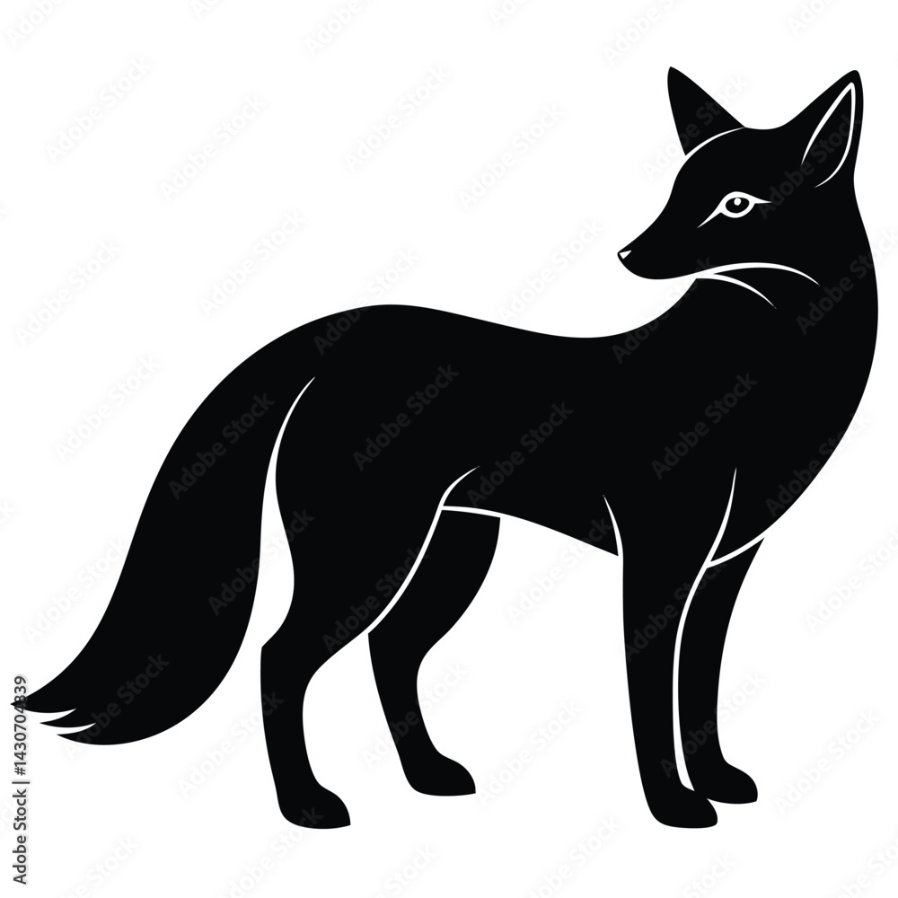 Fototapeta premium Elegant Black Fox Silhouette Standing On White Background Vector Illustration.