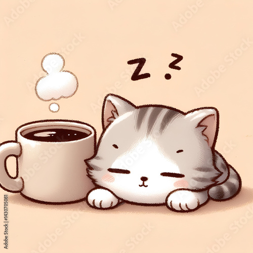 Kitten sleeping next to a mug of coffee