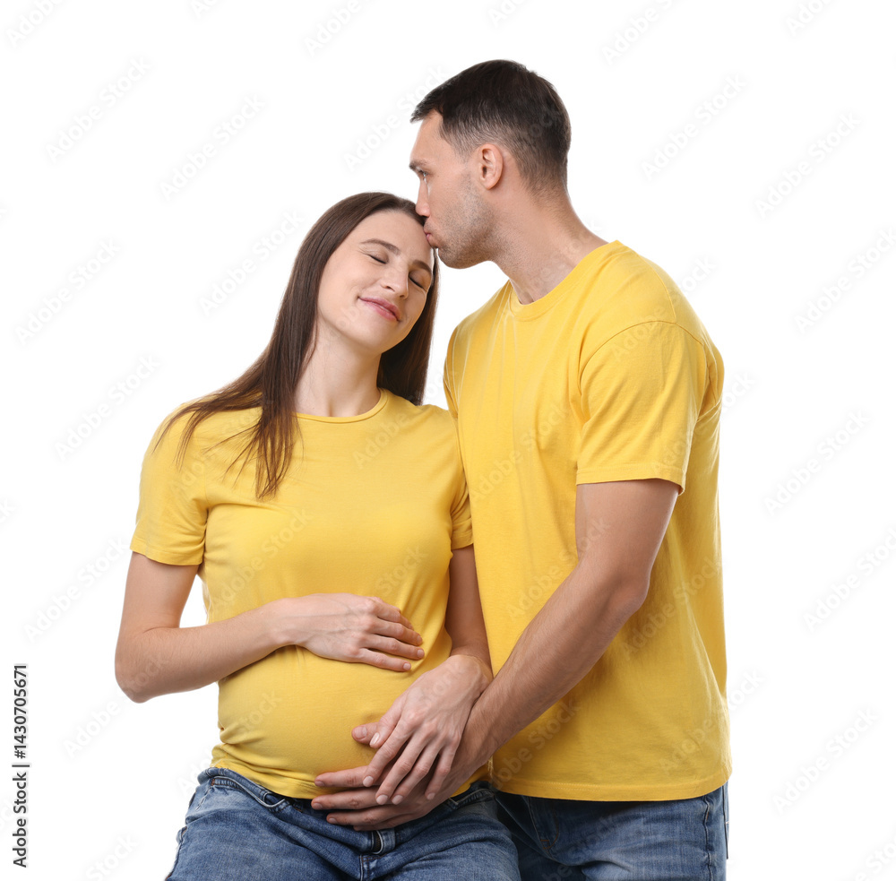 Pregnant woman and her husband on white background Pregnant woman and her husband on white background