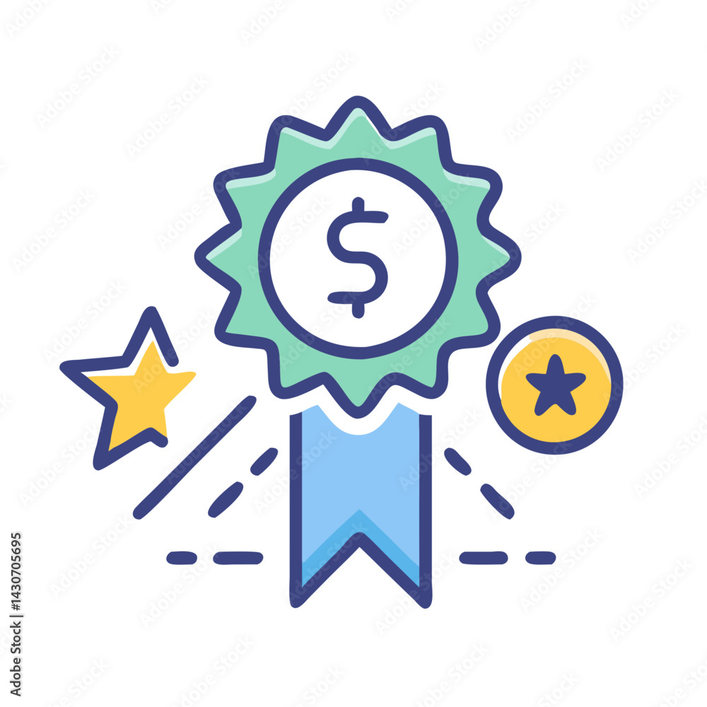 Money achievement icon with star, ribbon, and symbol Money achievement icon with star, ribbon, and symbol