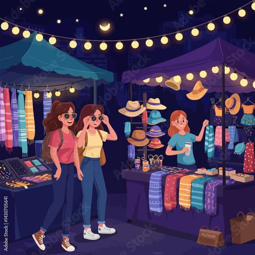 People Visiting Night Market with Colorful Scarves and Various Goods