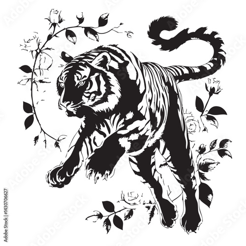 Vector tiger jumping with flowers around it generate ai.