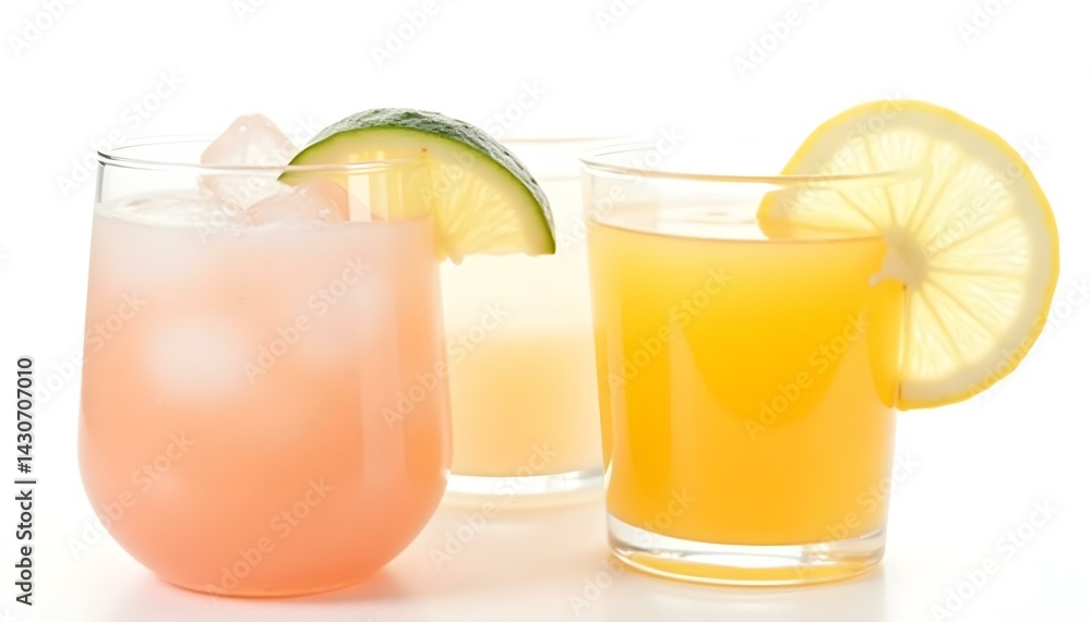 Glasses of fruit drinks with ice cubes isolated on white Glasses of fruit drinks with ice cubes isolated on white