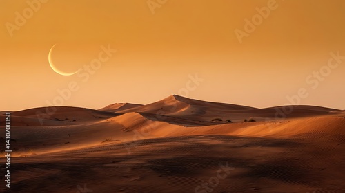 Minimalist desert landscape with soft sand dunes and crescent moon under golden sunset sky.