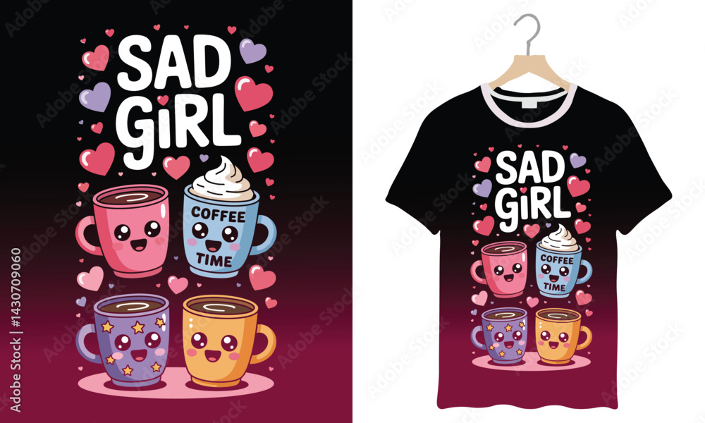 Sad Girl Coffee Time T-Shirt Design with Cute Mugs Sad Girl Coffee Time T-Shirt Design with Cute Mugs