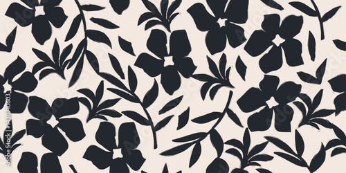 Black and white abstract hand drawn flowers, floral seamless pattern with flowers for fabric, textile, apparel, poster, cover, banner, wall art, background. Vector illustration.