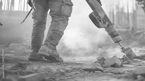 Construction Worker Using Jackhammer on Concrete
