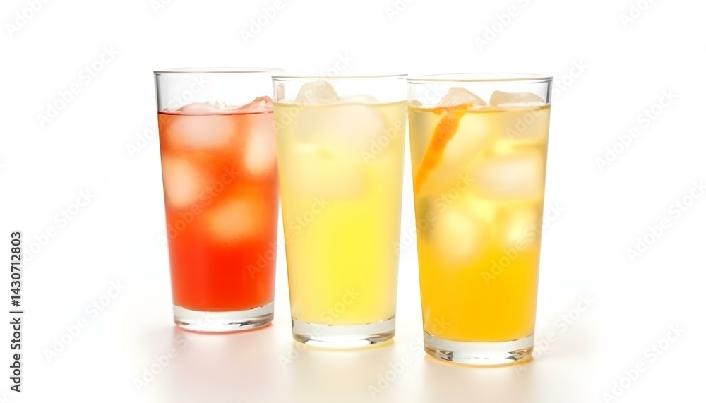 Glasses of fruit drinks with ice cubes isolated on white Glasses of fruit drinks with ice cubes isolated on white