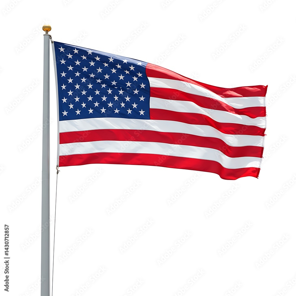 Fototapeta premium Waving american flag on a pole with stars and stripes isolated on white background