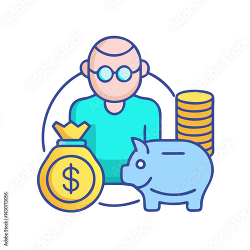 Retirement savings, elderly man with piggy bank icon