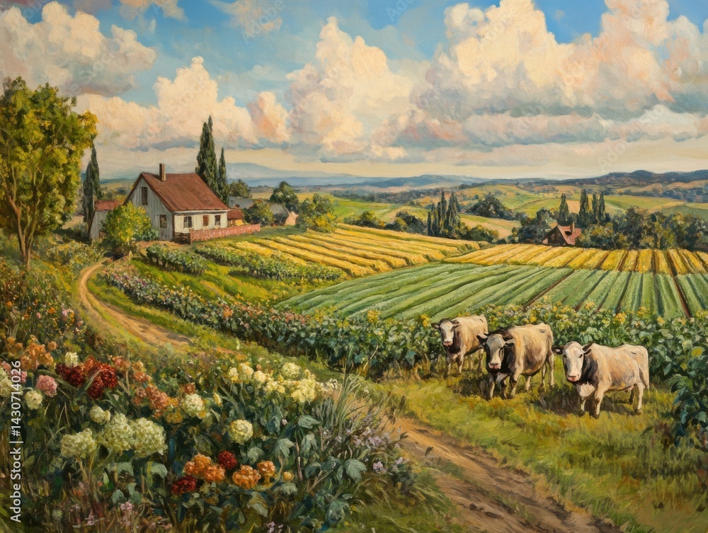 Naklejka premium Peaceful rural landscape with crops, grazing animals, and distant farmhouse under clear sky