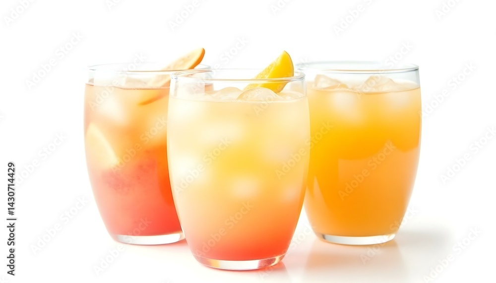 Glasses of fruit drinks with ice cubes isolated on white Glasses of fruit drinks with ice cubes isolated on white