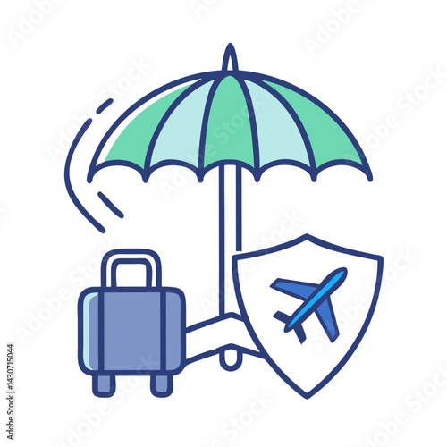 Travel insurance: umbrella, shield and airplane, trip protection