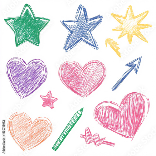 Collection of hand drawn colorful charcoal doodles and squiggles in a childish style. Collage and design elements. colorful pencil drawings. flat