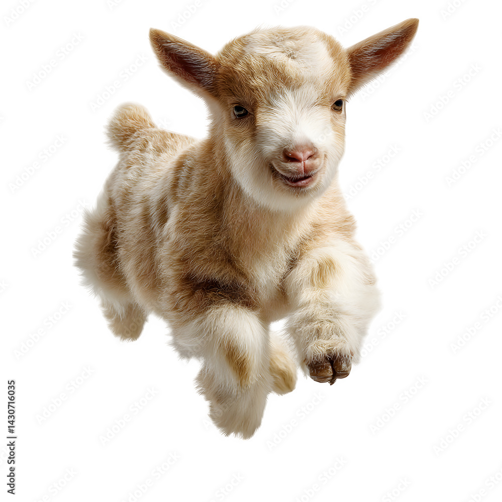 Fototapeta premium Playful goat kid jumping mid-air isolated on transparent background