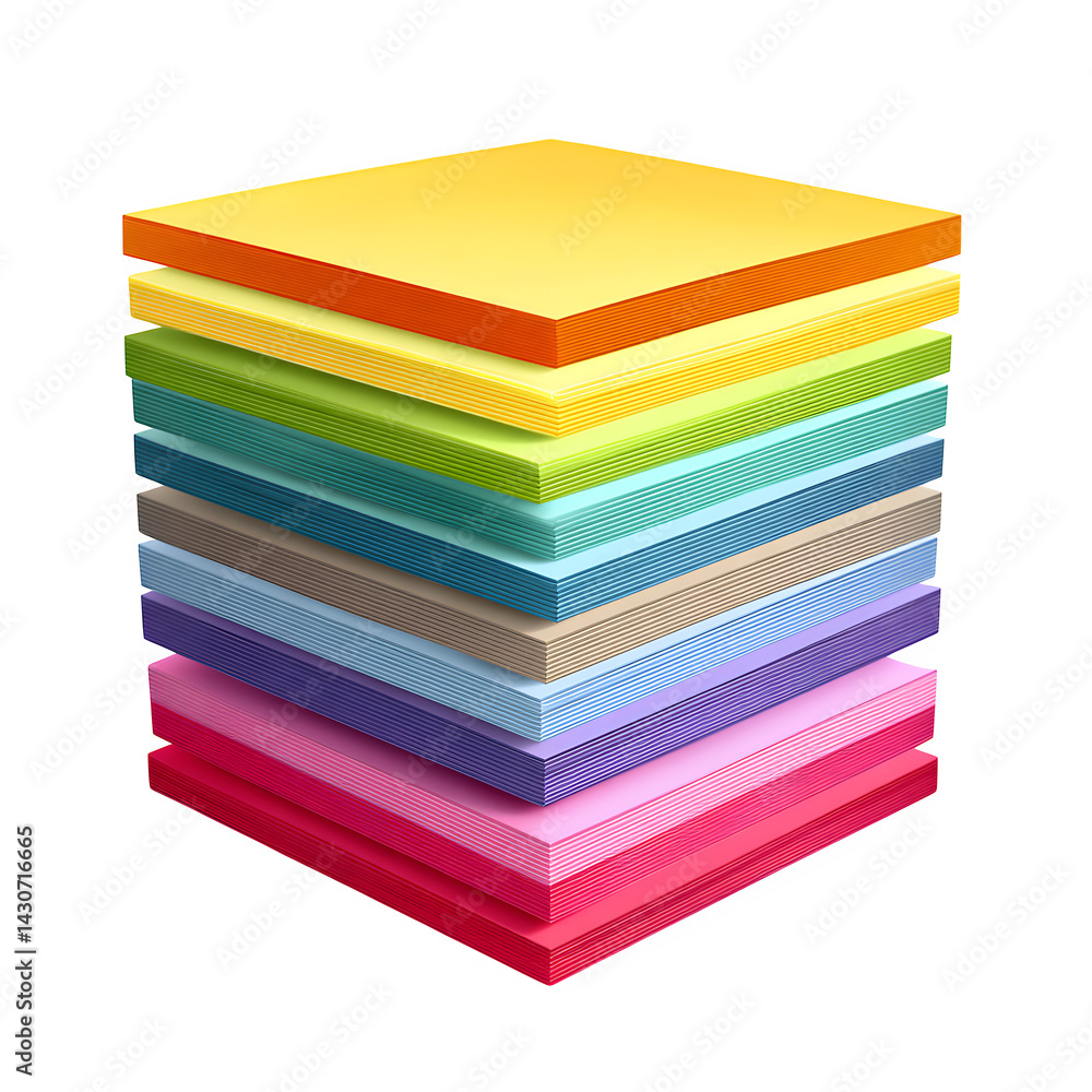 Fototapeta premium Rainbow stack of square sticky notes isolated on transparent background