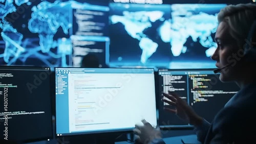 Cybersecurity Analyst Monitoring Global Network Security Threat Detection on Multiple Computer Screens in Dark Control Room