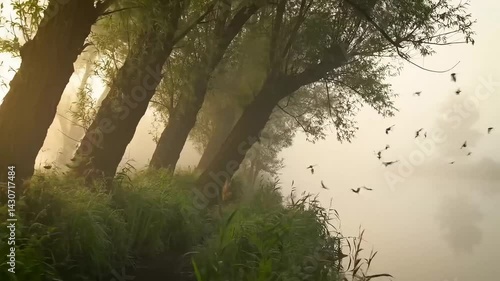 Misty Morning Landscape: Trees Silhouetted by Fog, Birds Flying, Serene Nature Scene, Atmospheric, Tranquil, Scenic View, Early Morning Light