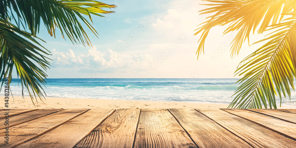 Empty background with wooden floor on beach with palm trees. banner for advertising product. Wooden tabletop in front. blurred background. empty bar counter
