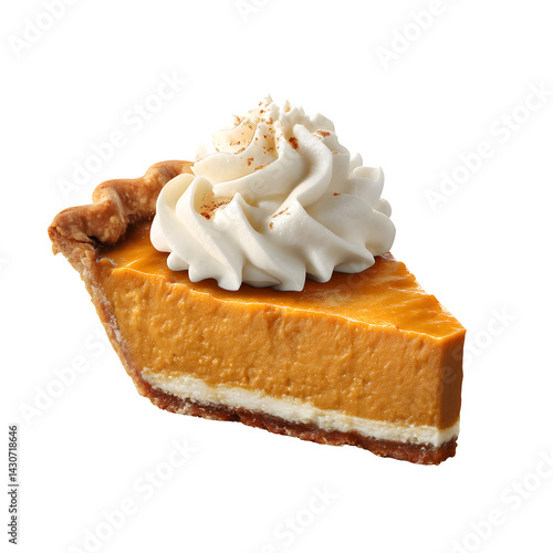 Slice of pumpkin pie topped with whipped cream isolated on transparent background