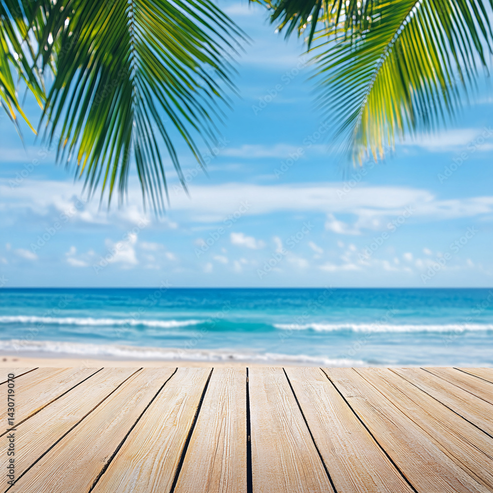 Empty background with wooden floor on beach with palm trees. banner for advertising product. Wooden tabletop in front. blurred background. empty bar counter