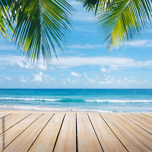 Obraz na płótnie Empty background with wooden floor on beach with palm trees. banner for advertising product. Wooden tabletop in front. blurred background. empty bar counter w salonie