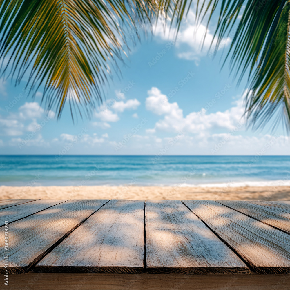 Empty background with wooden floor on beach with palm trees. banner for advertising product. Wooden tabletop in front. blurred background. empty bar counter