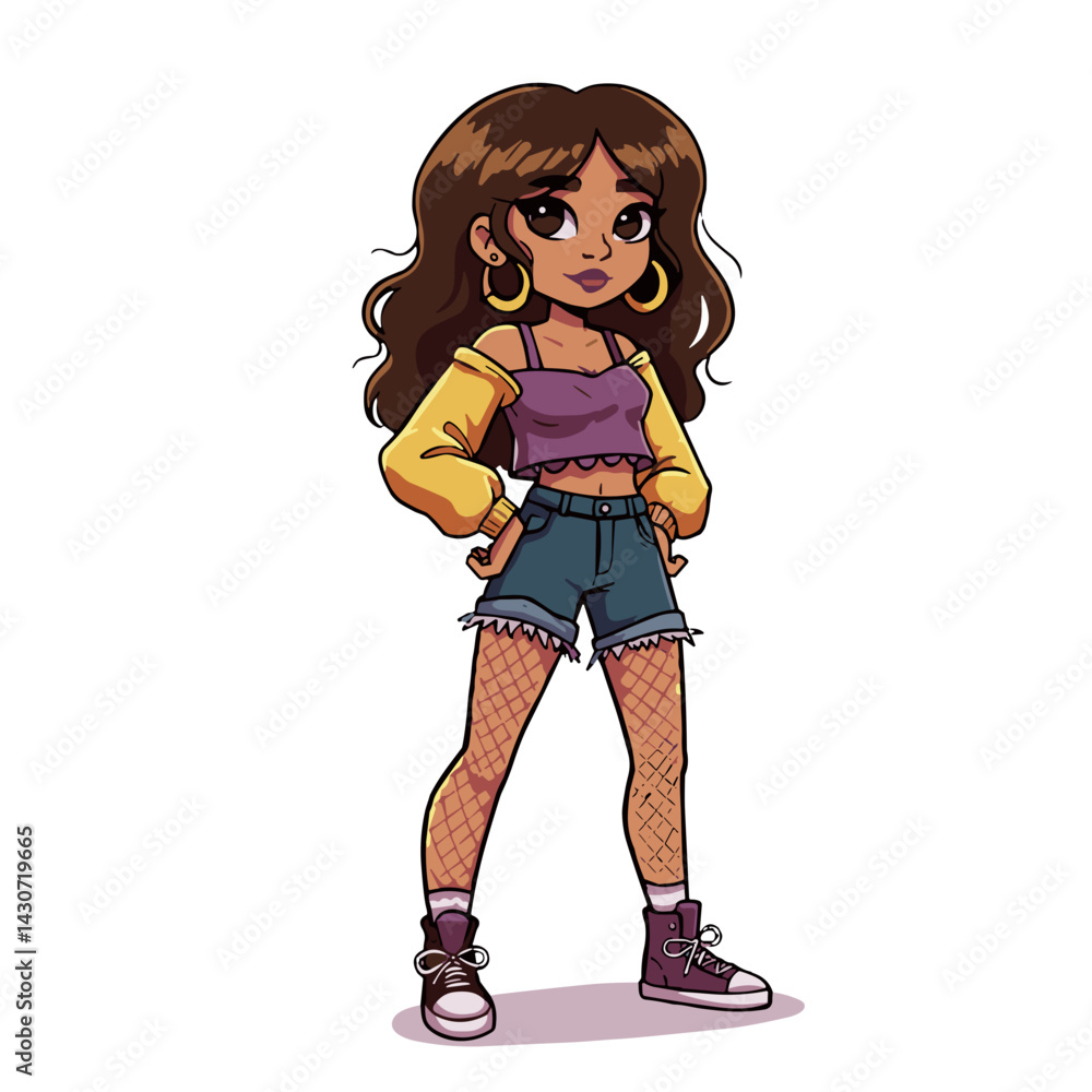 Stylish girl posing confidently in a colorful streetwear outfit on transparent background. Stylish girl posing confidently in a colorful streetwear outfit on transparent background.