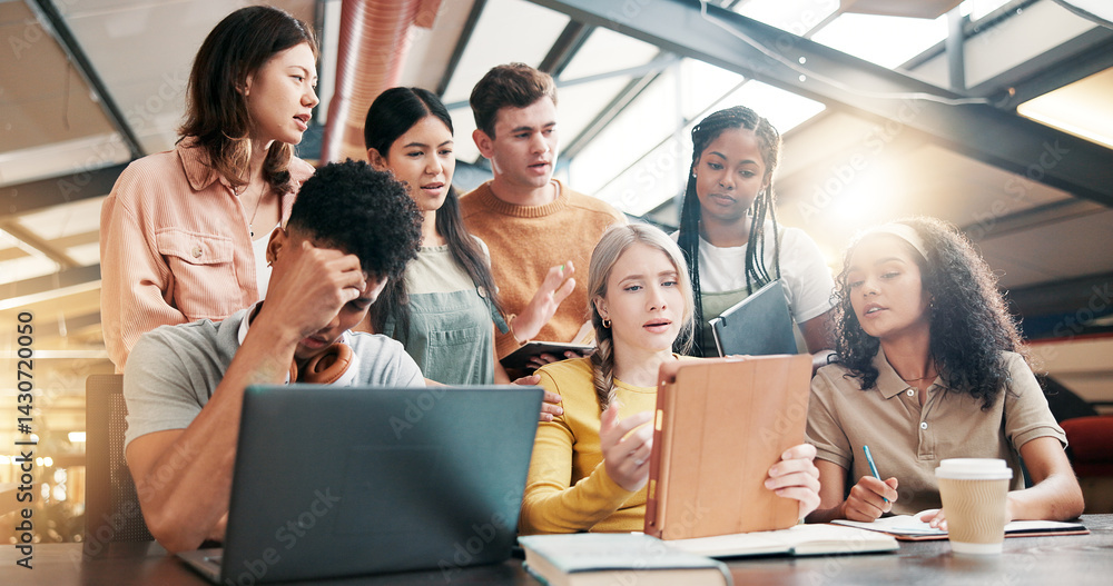 Obraz premium Reading, students and group with tech, university and disappointed by results on email or laptop. Education, sad and review of failed assignment, people and tablet with feedback on website in college