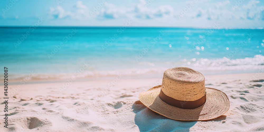 Straw hat lies on the coast of a beautiful sea or ocean. empty space on the side. clean sand. blurred background. Blank mockup for advertising or packaging