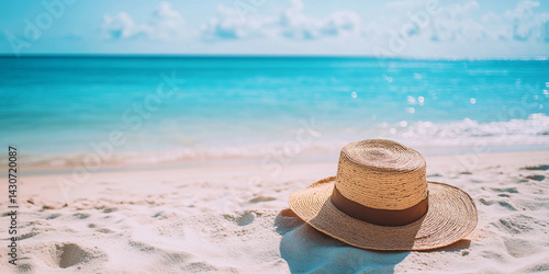 Obraz na płótnie Straw hat lies on the coast of a beautiful sea or ocean. empty space on the side. clean sand. blurred background. Blank mockup for advertising or packaging w salonie