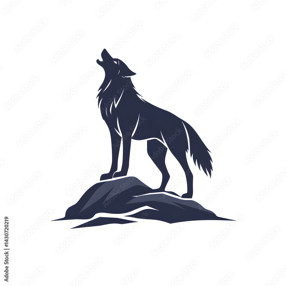 Fototapeta premium Striking silhouette of a howling wolf standing on a rock, bold black shape on a pure white background, minimal contrast design, ideal for art, logos, prints, and nature-themed compositions.