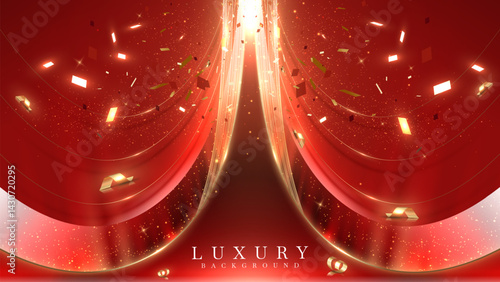 Luxury red background with sparkling light effects and bokeh with golden curves. This elegant grand opening backdrop design concept is perfect for product promotions and award ceremonies.