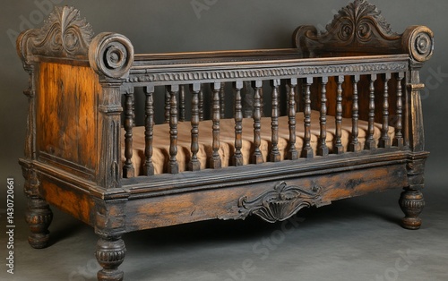 Ornate antique wooden baby crib. Old, carved details and decorative design
