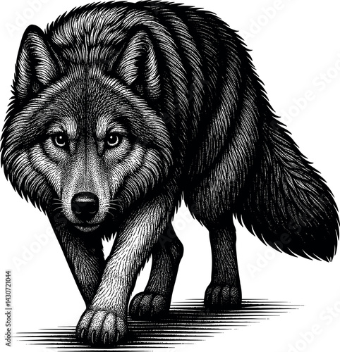 Wild Wolf prowling vector black silhouette cricut print design isolated on a plain white background.