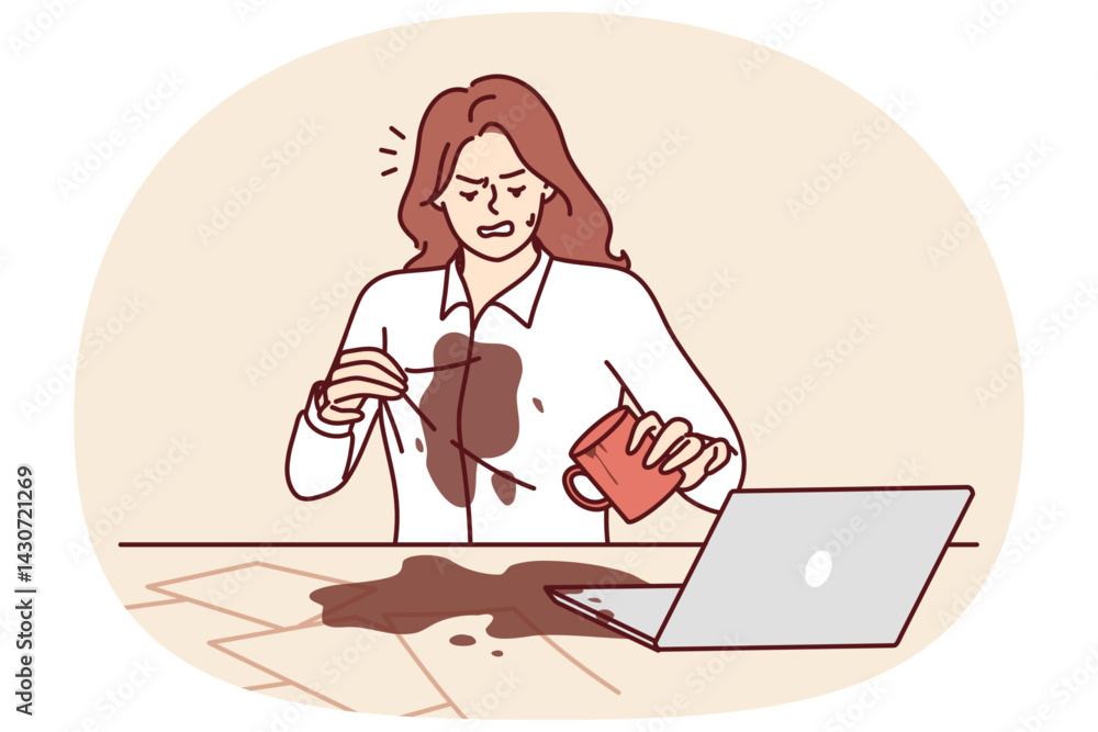 Fototapeta premium Woman spilled coffee on shirt doing office work and sitting at table with laptops and documents. Clumsy girl spilled hot drink on table due to carelessness or tiredness after long work
