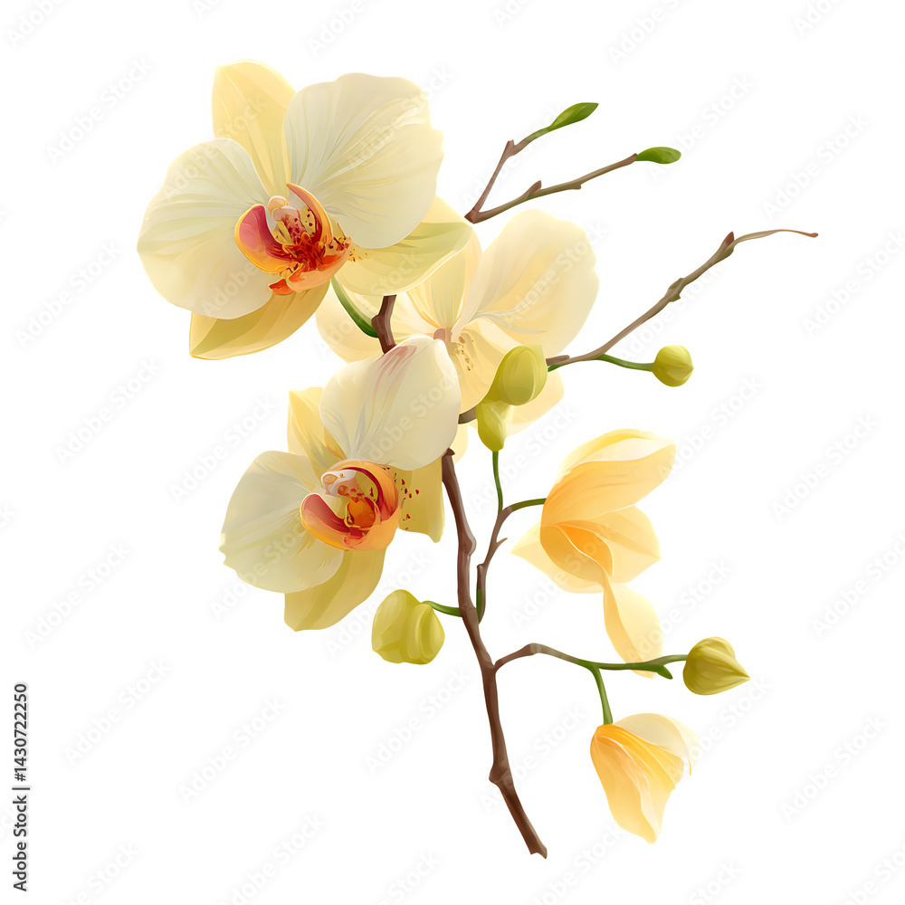 Fototapeta premium Vanilla orchid bloom pale yellow isolated on transparent background