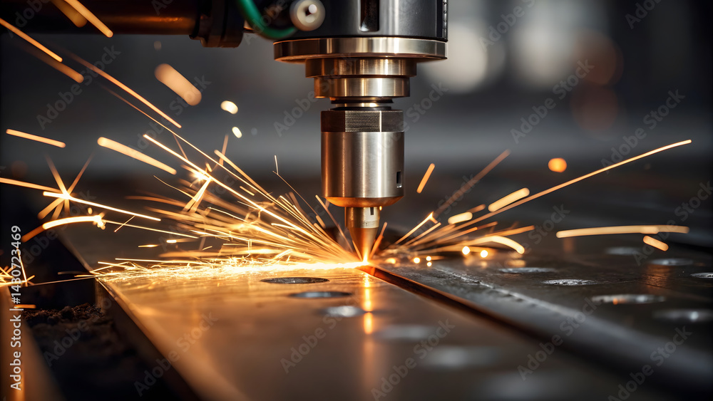 Laser cutting machine creating sparks during metal fabrication process Laser cutting machine creating sparks during metal fabrication process