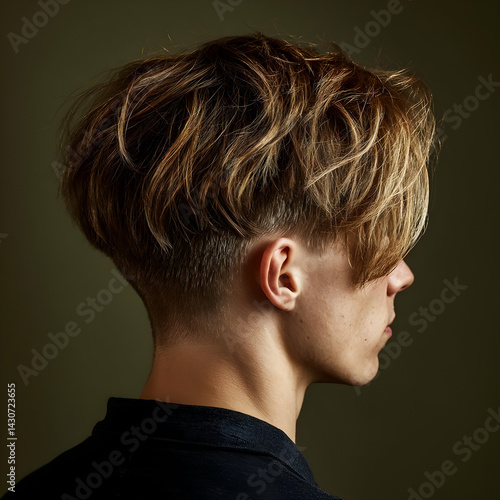 Artistic haircut showcasing modern styling techniques on a male model highlighting textured layers and contrast against a neutral backdrop