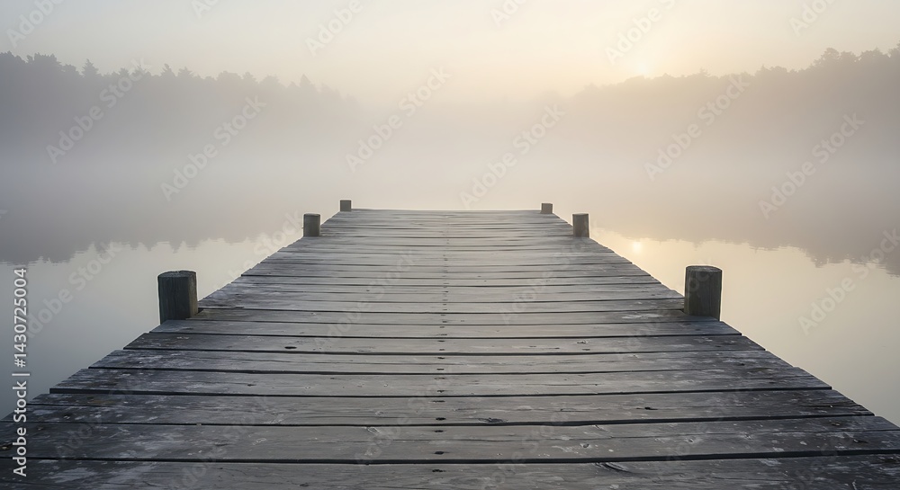 Fototapeta premium Wooden Dock Extending into a Foggy Lake – Tranquil Nature Scene